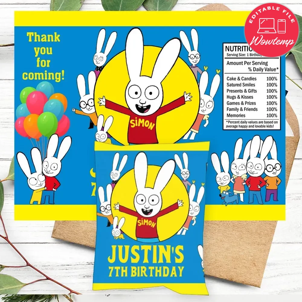 Simon The Rabbit Birthday Chip Bag Digital File Printable | Wowtemp