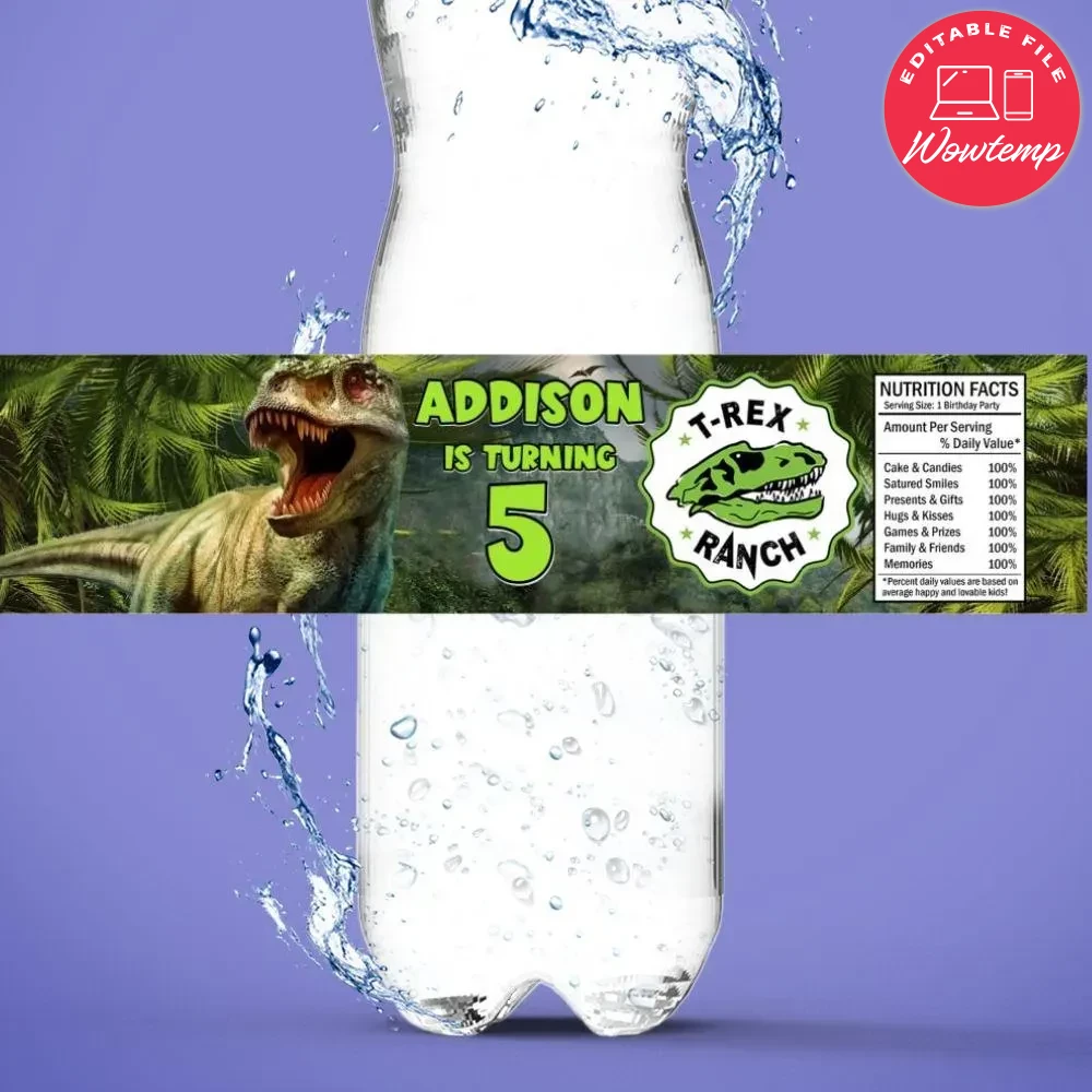 T-Rex Ranch Birthday Water Bottle Label Template | Wowtemp