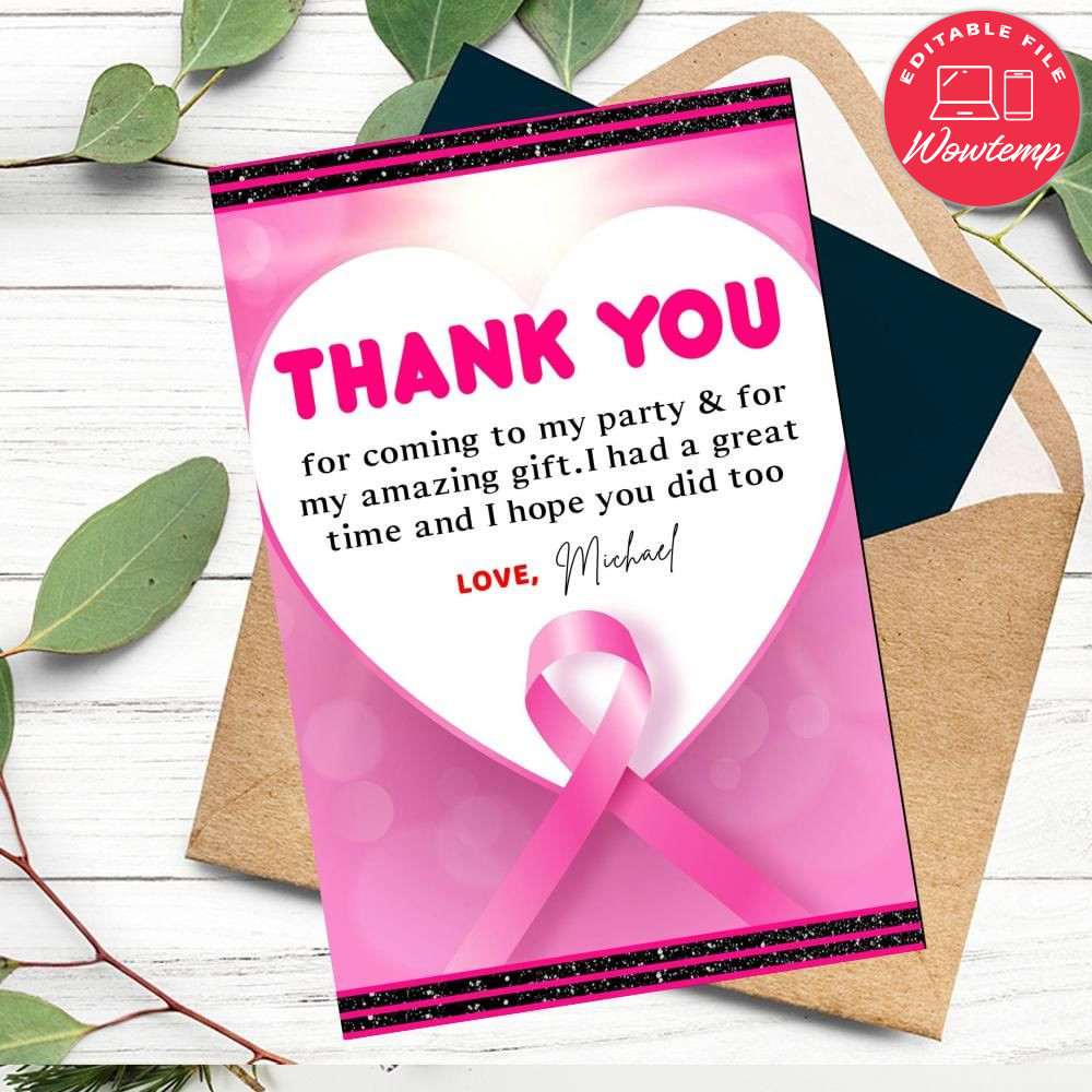 Pink Breast cancer Thank you card Customizable Template DIY | Wowtemp