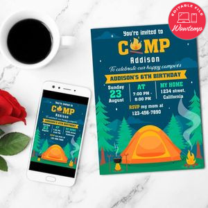 Camping Mobile Invite Customizable Template Instant Download
