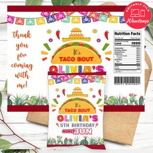 Taco Birthday Honey Buns Snack Bag Label Customizable Instant Download