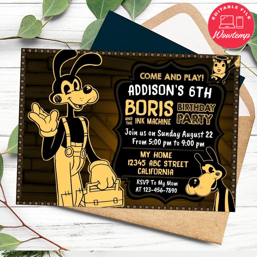 Boris The Ink Machine Birthday Flyer Customizable Template to Print at Home Instant Download
