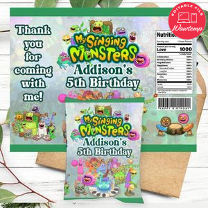 My singing monsters Birthday Party Chip Bag Digital File Printable Instant Download