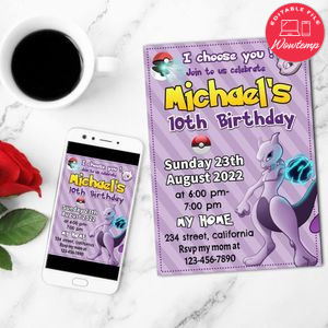 Mewtwo Birthday Party Mobile Invite Customizable Template Instant Download
