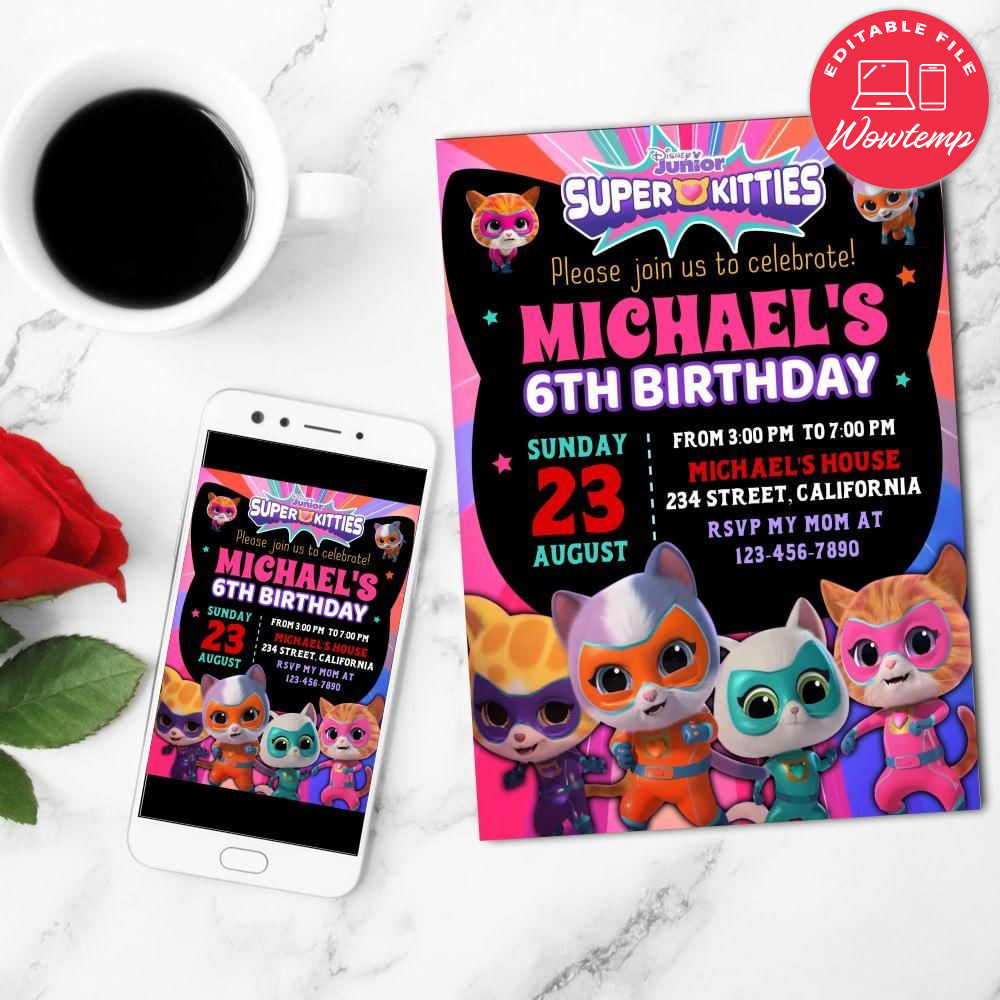 Super Kitties Birthday Flyer Customizable Template to Print at Home Instant Download