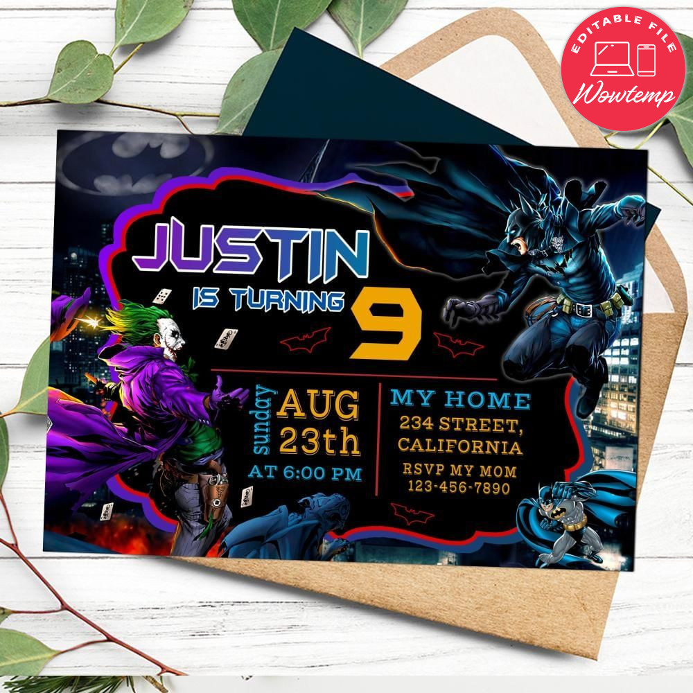 Batman and joker Birthday Flyer Customizable Template to Print at Home Instant Download