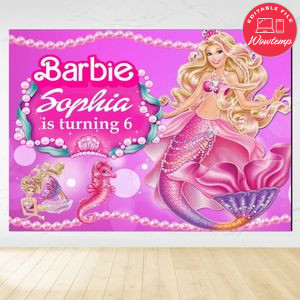 Sirena Barbie Birthday Backdrop Digital File Template Instant Download