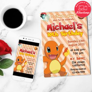 Charmander Birthday Party Mobile Invite Customizable Template Instant Download