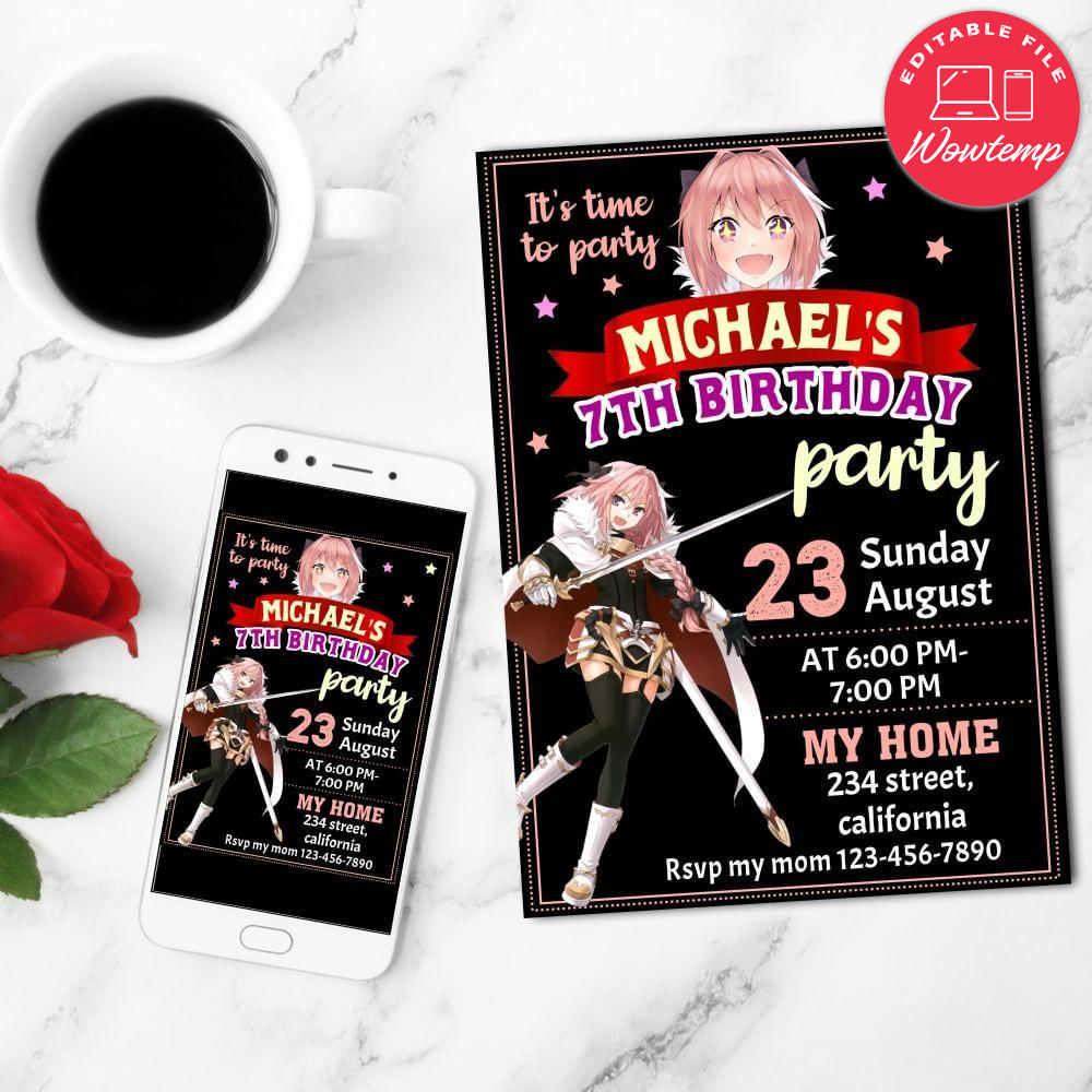 Fate Apocrypha Astolfo Birthday Flyer Customizable Template to Print at Home Instant Download