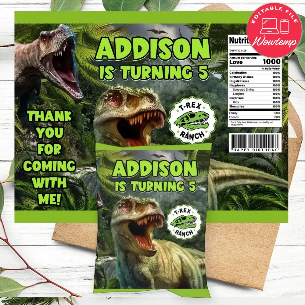 T-Rex Ranch Birthday Party Chip Bag Digital File DIY | Wowtemp