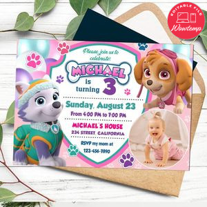 Skye and Everest Birthday Invitation with Photo Customizable Template to Print at Home Instant Download