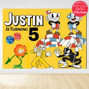 Cuphead Birthday Backdrop Digital File Template Instant Download