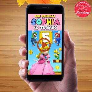 Princess peach Birthday Video Invitation Digital Template Customizable Instant Download