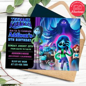 Teenage Kraken Birthday Flyer Customizable Template to Print at Home Instant Download