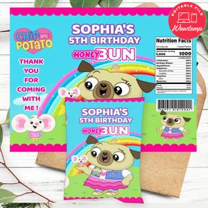 Chip And Potato Birthday Honey Buns Snack Bag Label Customizable Instant Download