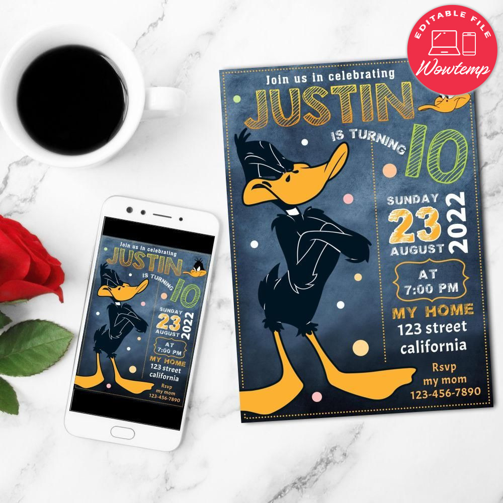 Daffy Duck Birthday Flyer Customizable Template to Print at Home Instant Download