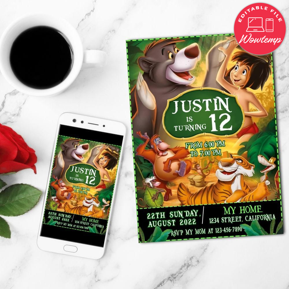 the jungle book Birthday Flyer Customizable Template to Print at Home Instant Download
