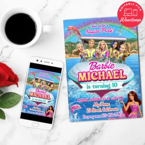 Barbie Dolphin Magic Mobile Invite Customizable Template Instant Download