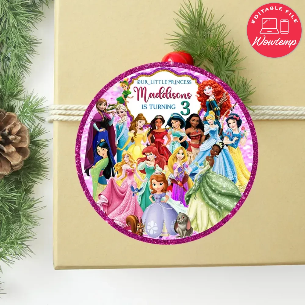 Disney princes Birthday Round Label Digital File Customizable DIY | Wowtemp