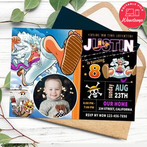 Luffy gear 5 Birthday Invitation with Photo Customizable Template to Print at Home Instant Download