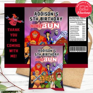 He-man Birthday Honey Buns Snack Bag Label Customizable Instant Download