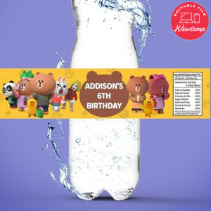 Brown and Friends Birthday Water Bottle Label Template to Print at Home Instant Download