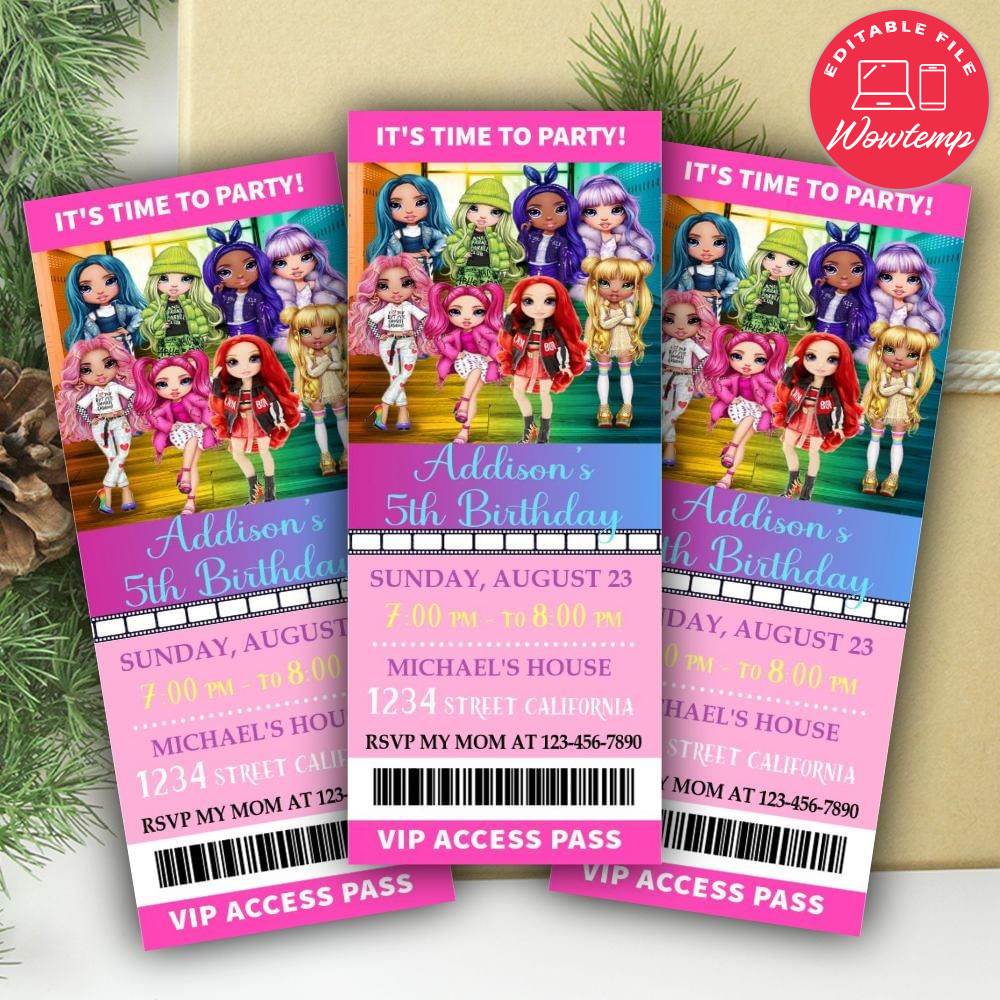 Rainbow High Doll Ticket Invitation Customizable Template | Wowtemp