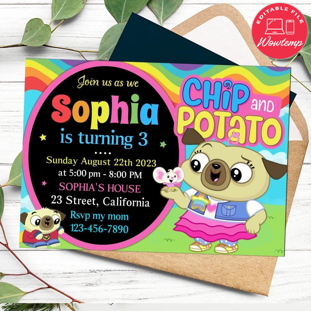 Chip and potato Birthday Flyer Customizable Template to Print at Home Instant Download