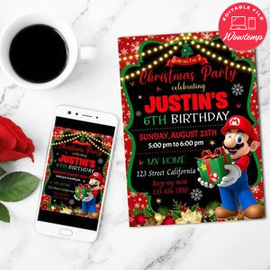 Mario Bros Christmas Birthday Party Mobile Invite Customizable Template Instant Download