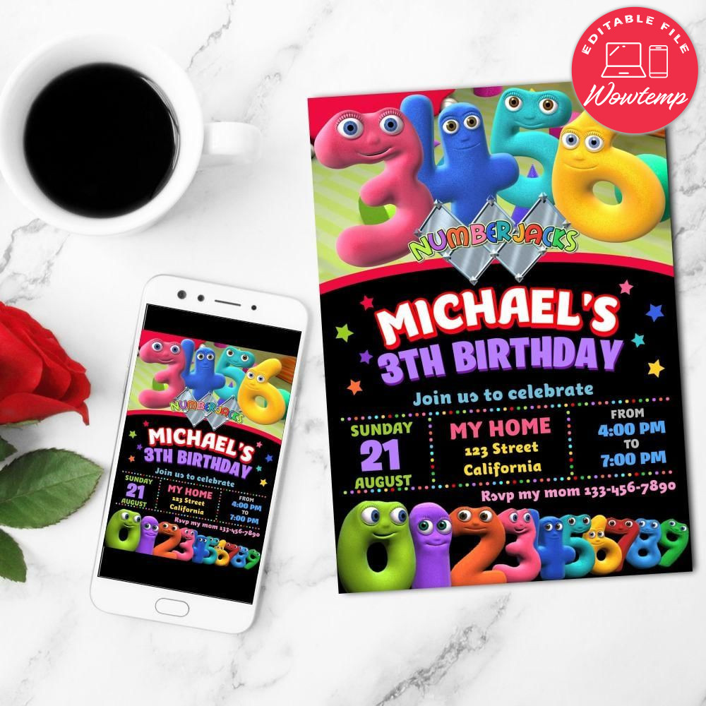 Numberjacks Birthday Flyer Customizable Template to Print at Home Instant Download