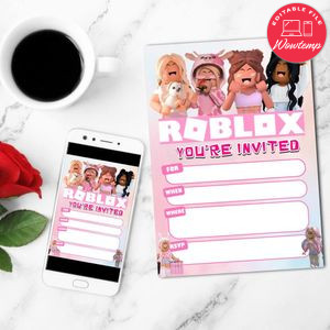 Pink roblox fill in blank Invitation Customizable Template to Print at Home Instant Download