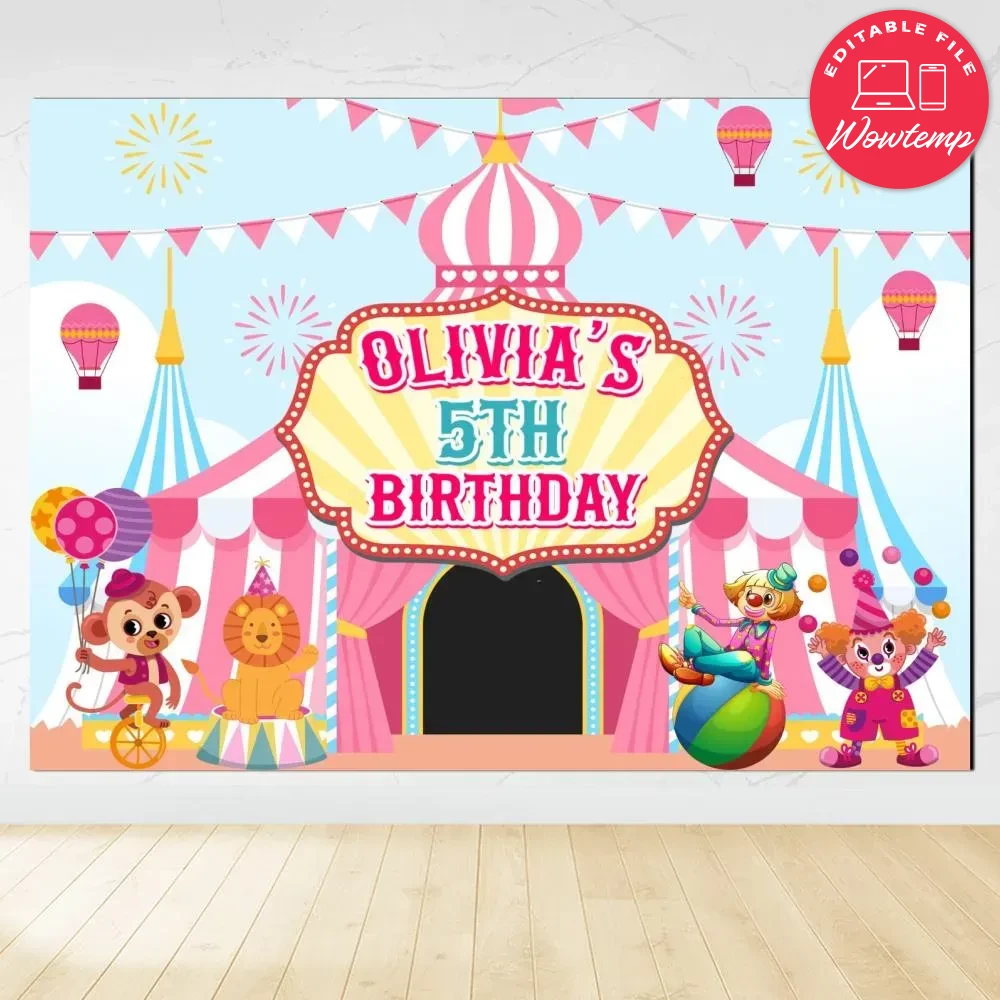 Pink carnival Birthday Backdrop Digital File Template | Wowtemp
