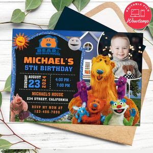Bear in the big blue house Birthday Invitation with Photo Customizable Template to Print at Home Instant Download