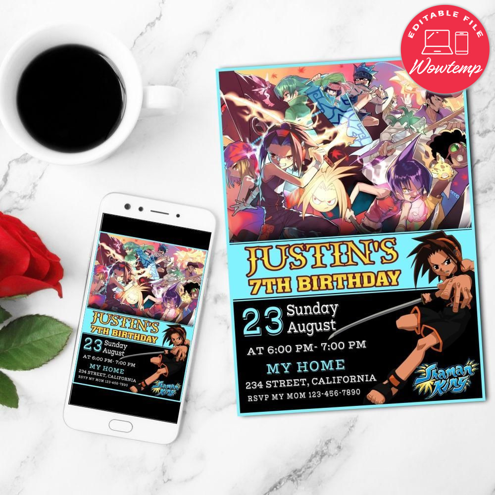 Shaman king Birthday Flyer Customizable Template to Print at Home Instant Download