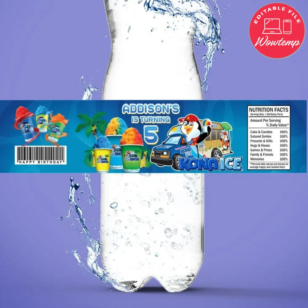 Kona ice Birthday Water Bottle Label Template | Wowtemp