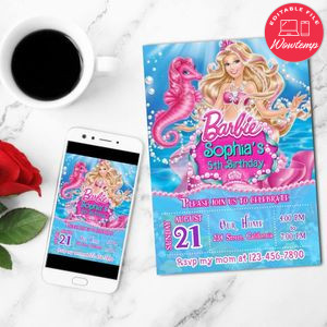 Sirena Barbie Mobile Invite Customizable Template Instant Download