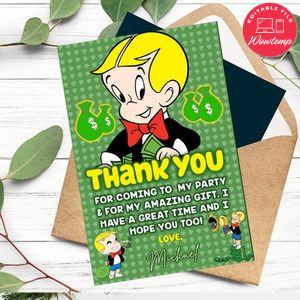 Richie Rich Thank You Card Customizable Template To Print At Home Instant Download