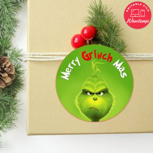 Grinch Circle Sticker Template Customizable to Print at Home Instant Download