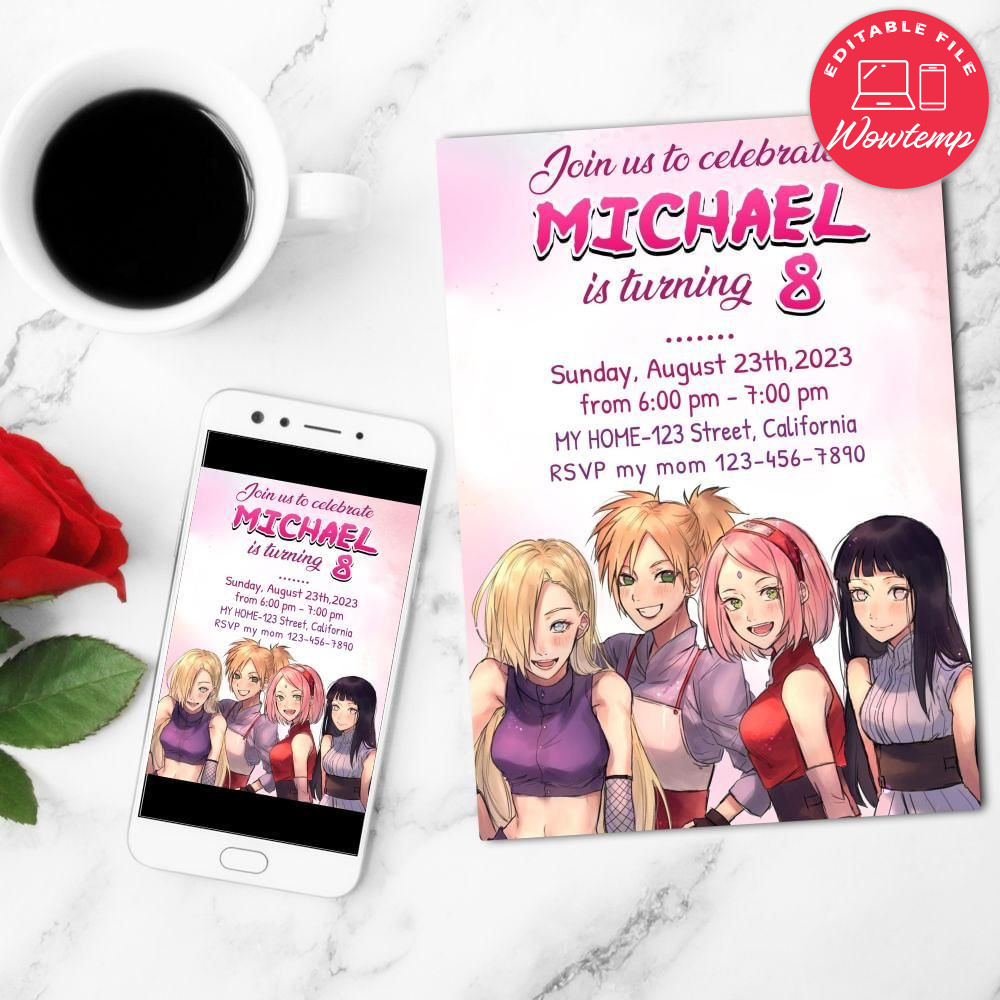Girls Naruto Birthday Flyer Customizable Template to Print at Home Instant Download