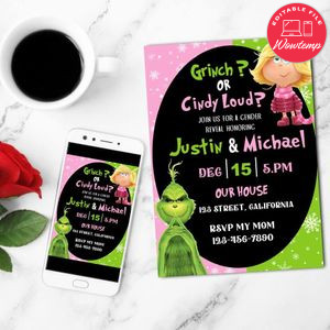 Grinch Gender Reveal Mobile Invite Customizable Template Instant Download