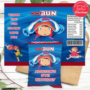 Ponyo Birthday Honey Buns Snack Bag Label Customizable Instant Download