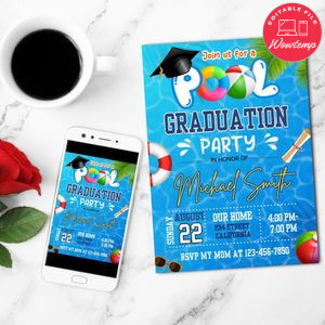 Pool Party Graduation Invitation Customizable Template to Print at Home Instant Download