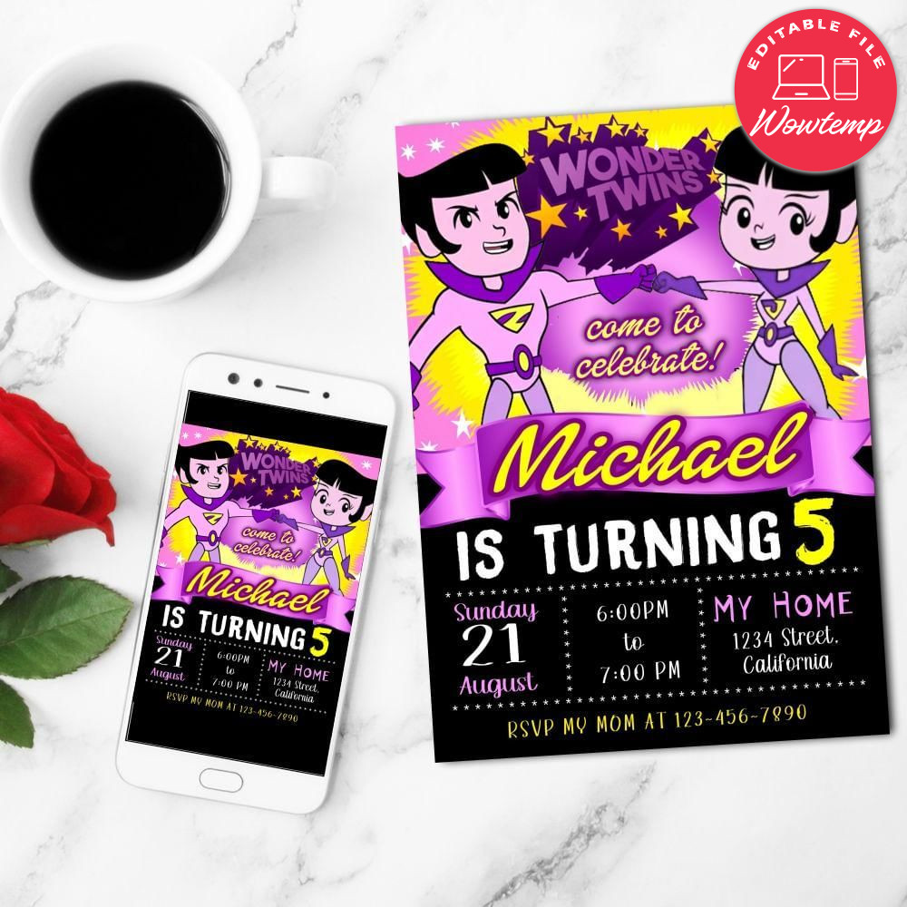 Wonder Twins Birthday Flyer Customizable Template to Print at Home Instant Download