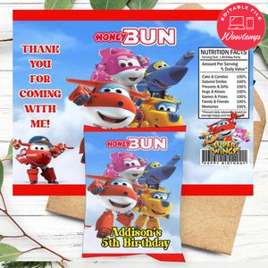 Super Wings Birthday Honey Buns Snack Bag Label Customizable Instant Download