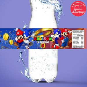 Sonic Mario Birthday Water Bottle Label Template to Print at Home Instant Download