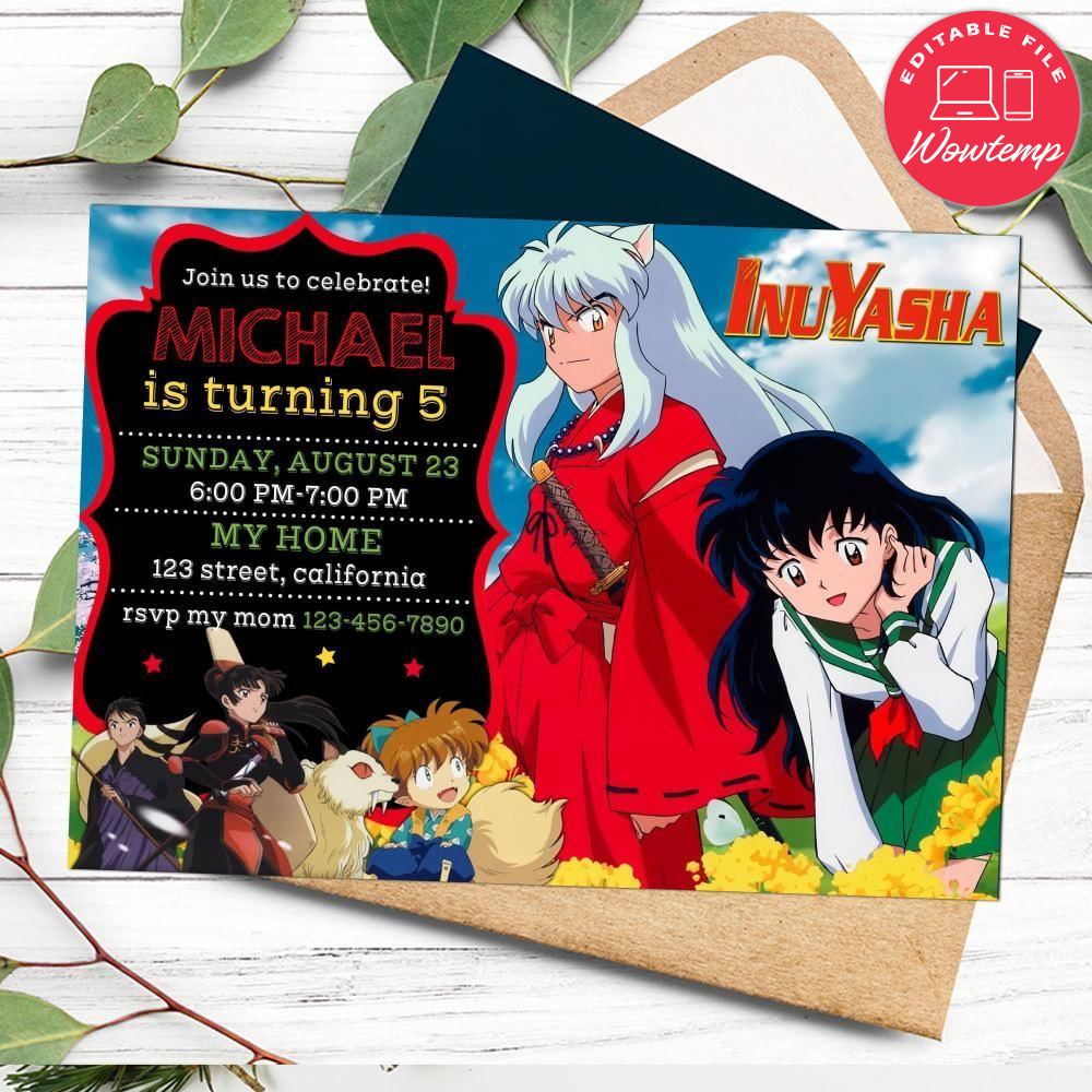 Inuyasha Birthday Flyer Customizable Template to Print at Home Instant Download