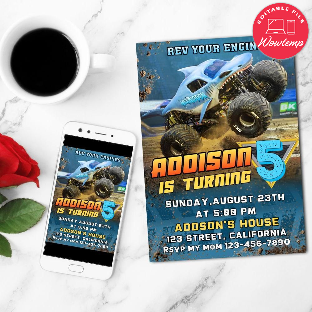 Megalodon monster Birthday Flyer Customizable Template to Print at Home Instant Download