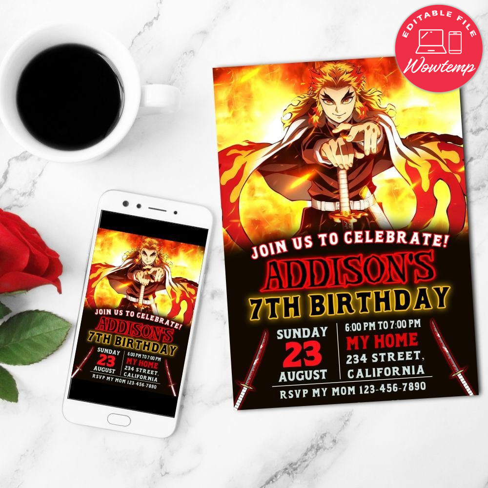 Demon Slayer Rengoku Birthday Flyer Customizable Template to Print at Home Instant Download