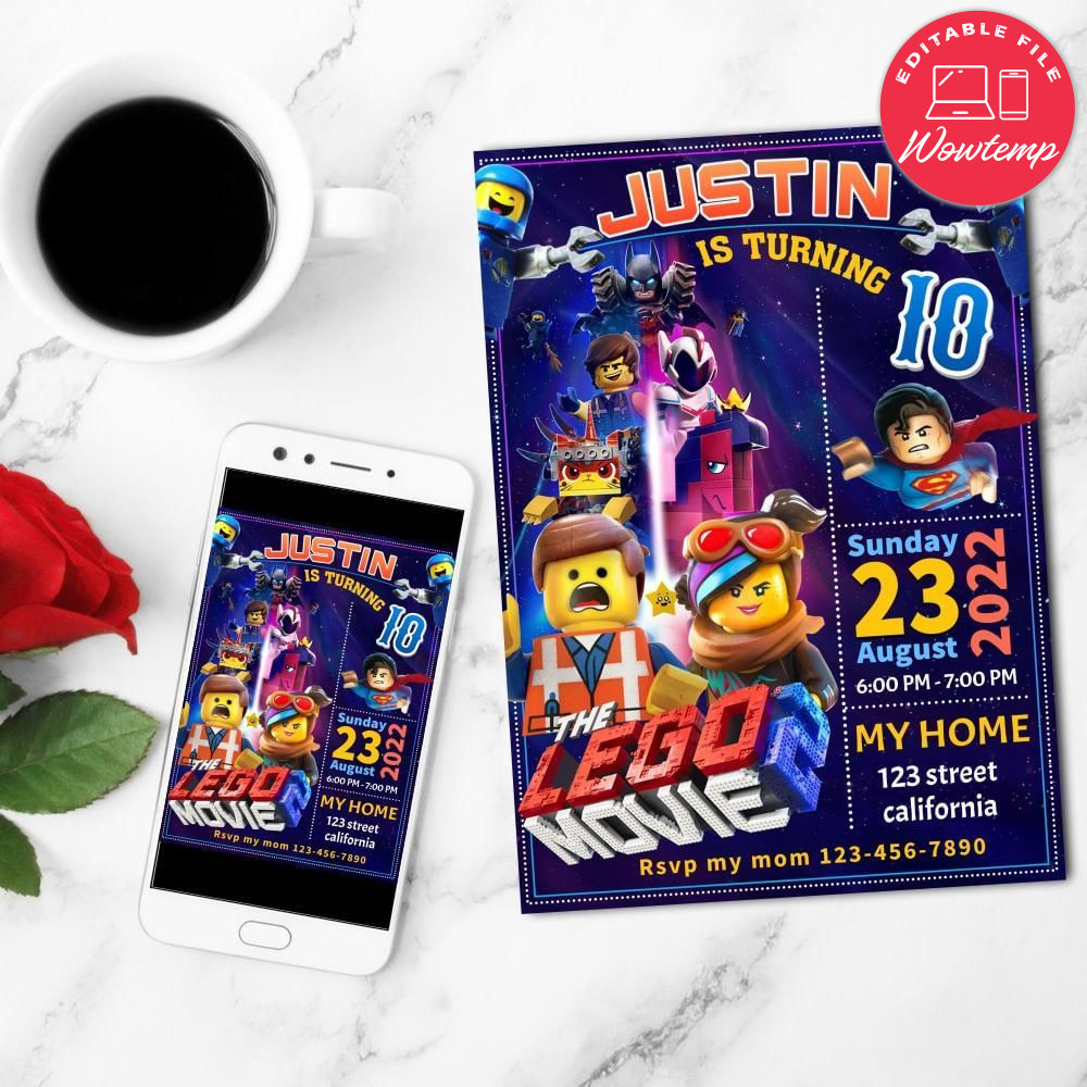 Legoland Lego Movie Emmet Birthday Flyer Customizable Template to Print at Home Instant Download