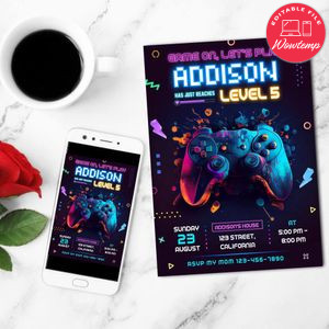 Gaming Birthday Mobile Invite Customizable Template Instant Download